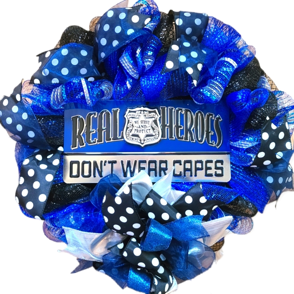 POLICE OFFICER HANDMADE DECO MESH WREATH HERO'S DON'T WEAR CAPES COPS
